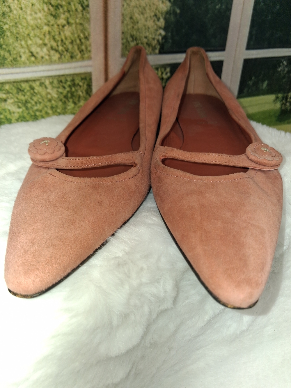 Vintage Prada Cipria Pink Suede Pointed Toe Flats Size 38 Mary Jane Button - Picture 7 of 7